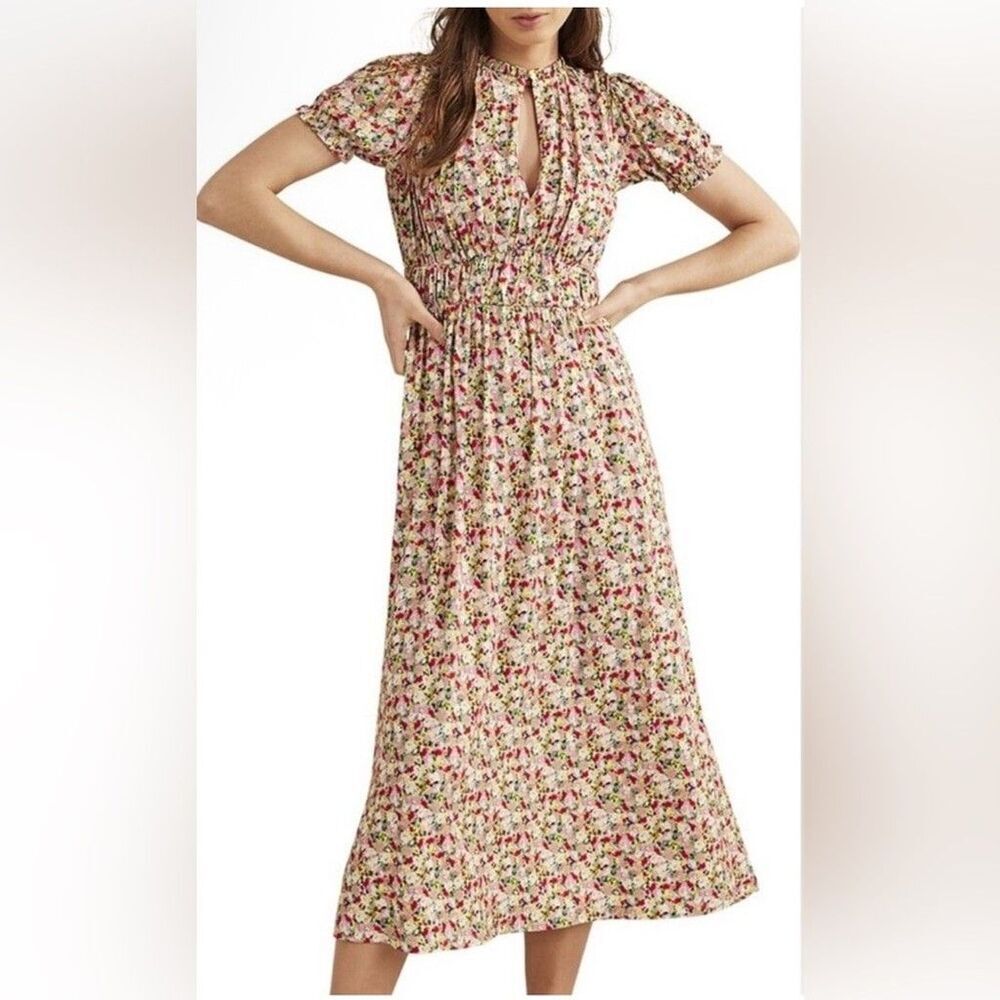 Boden Ruched strech Jersey Pink Floral Maxi Dress women short sleeve plus 14R - Picture 3 of 13